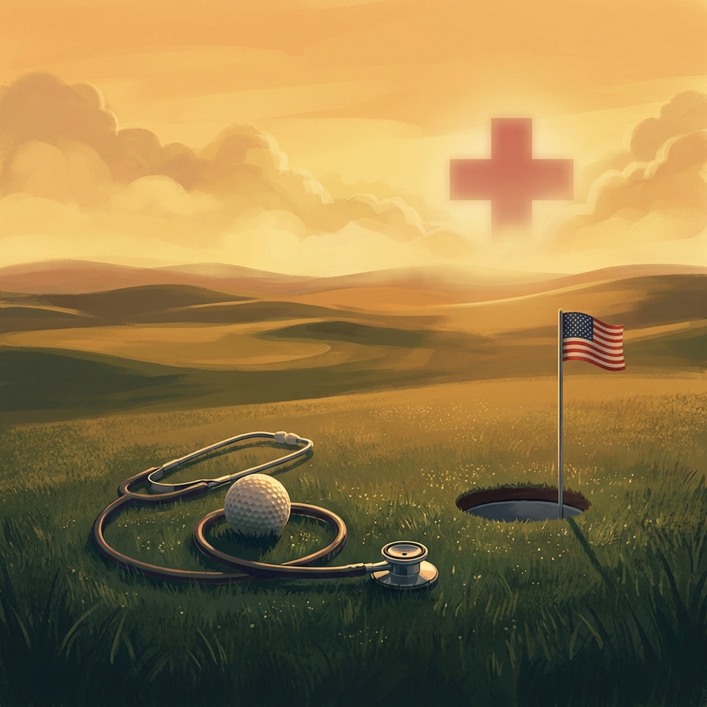 Golf course with American flag and stethoscope symbolizing veteran support charity healthcare events for physicians