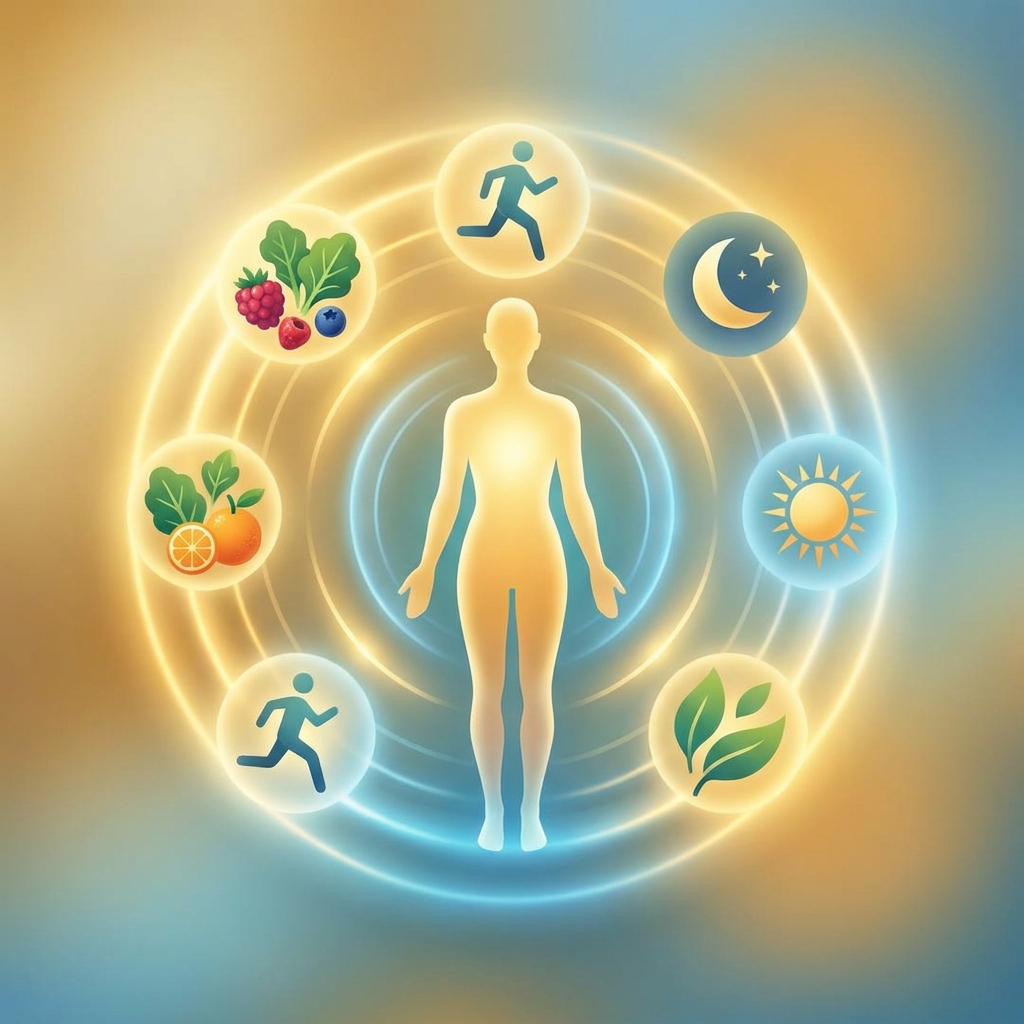 Stylized illustration of a healthy lifestyle silhouette surrounded by cancer prevention lifestyle medicine elements like nutrition and movement