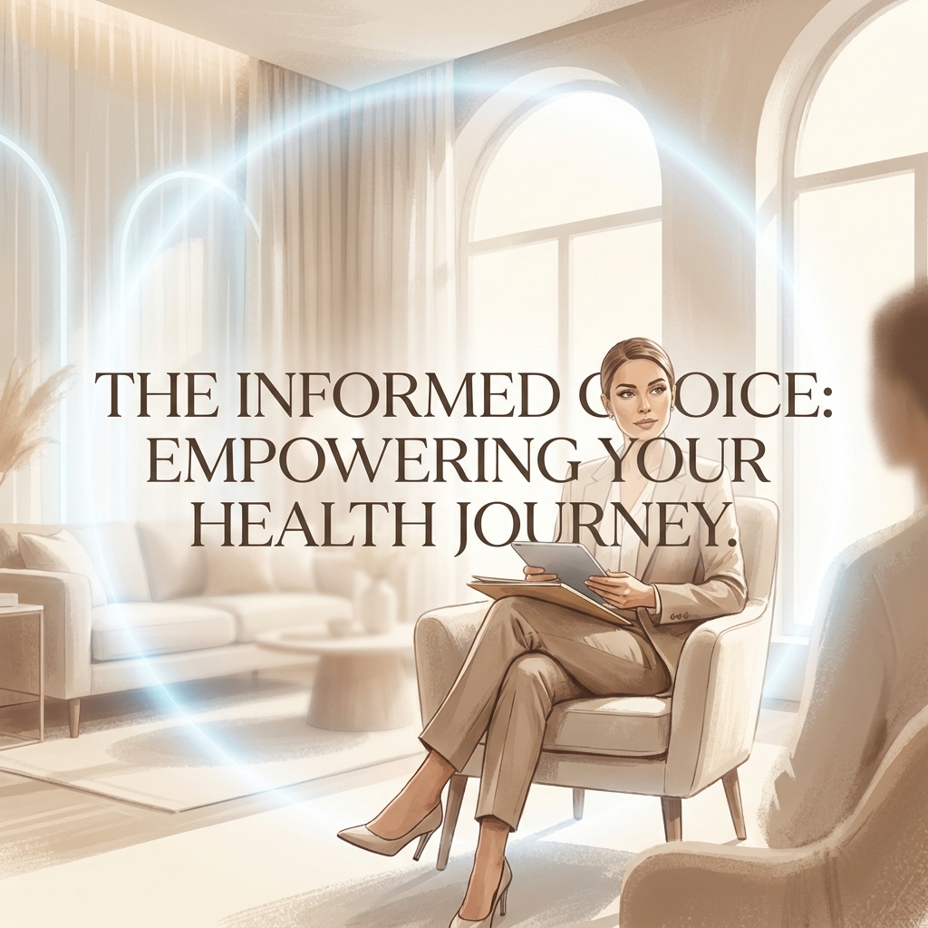 Confident patient reviewing information in a modern consultation room — plastic surgery cosmetic procedure patient guide