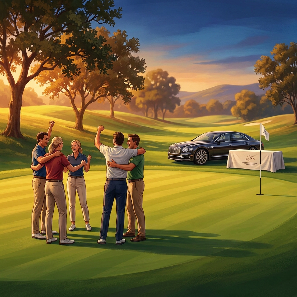 Healthcare professionals celebrating at a charity golf tournament on a sunny fairway with a luxury car prize nearby.