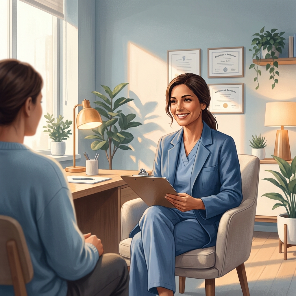 Doctor providing thyroid health advice during a patient consultation in a modern medical office