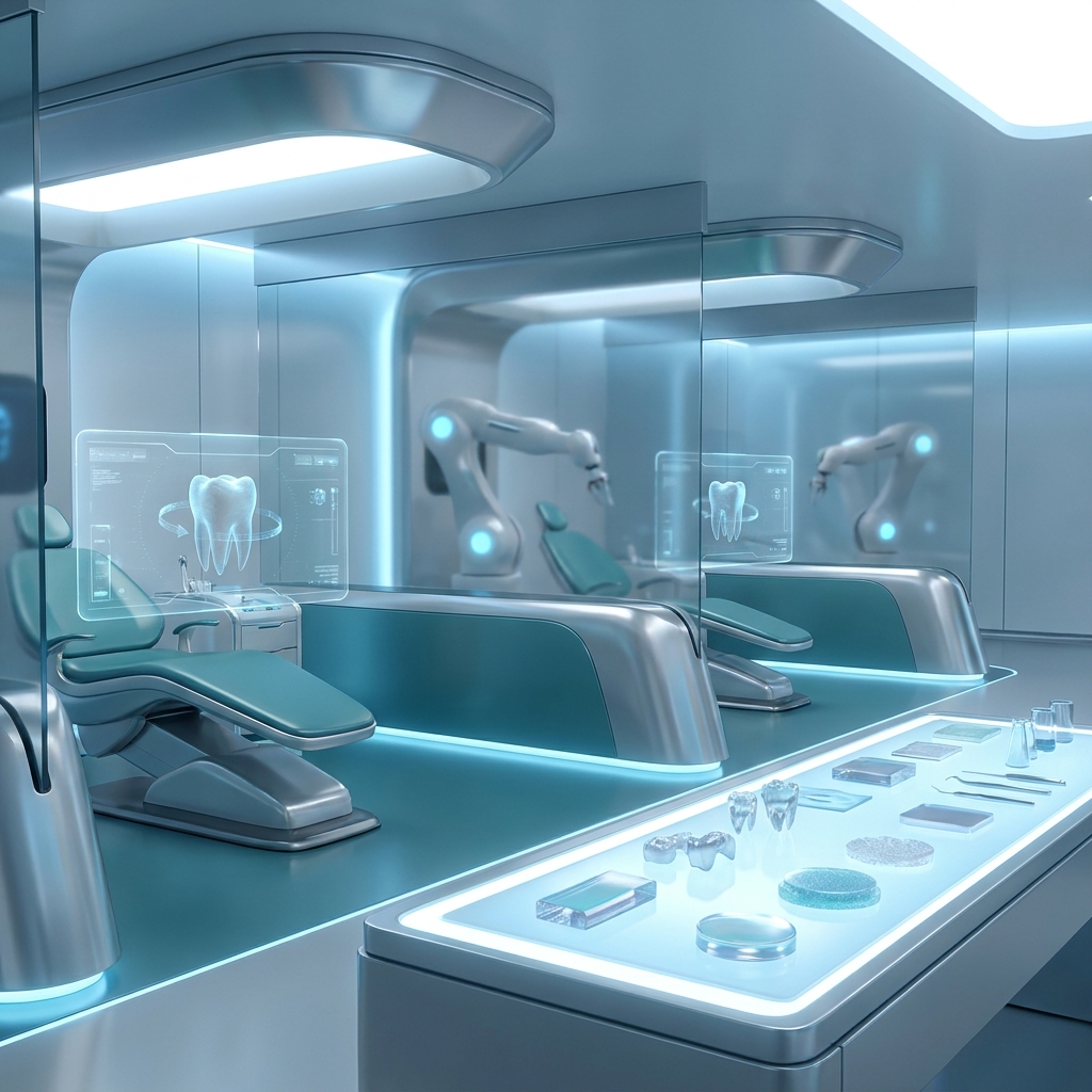 Futuristic dental clinic with holographic displays and robotic technology representing dental health innovations 2026