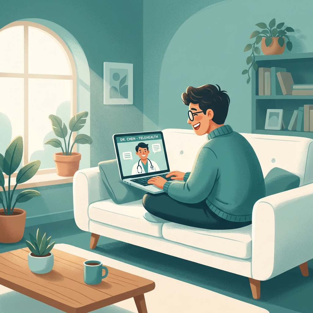 Person smiling during a telehealth video visit at home, illustrating the telehealth patient experience what to know