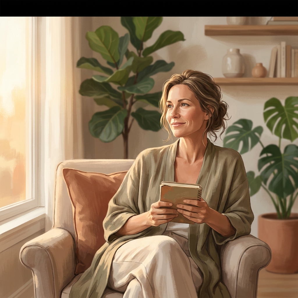 Woman feeling hopeful and energized after adrenal health fatigue doctor consultation in modern wellness setting