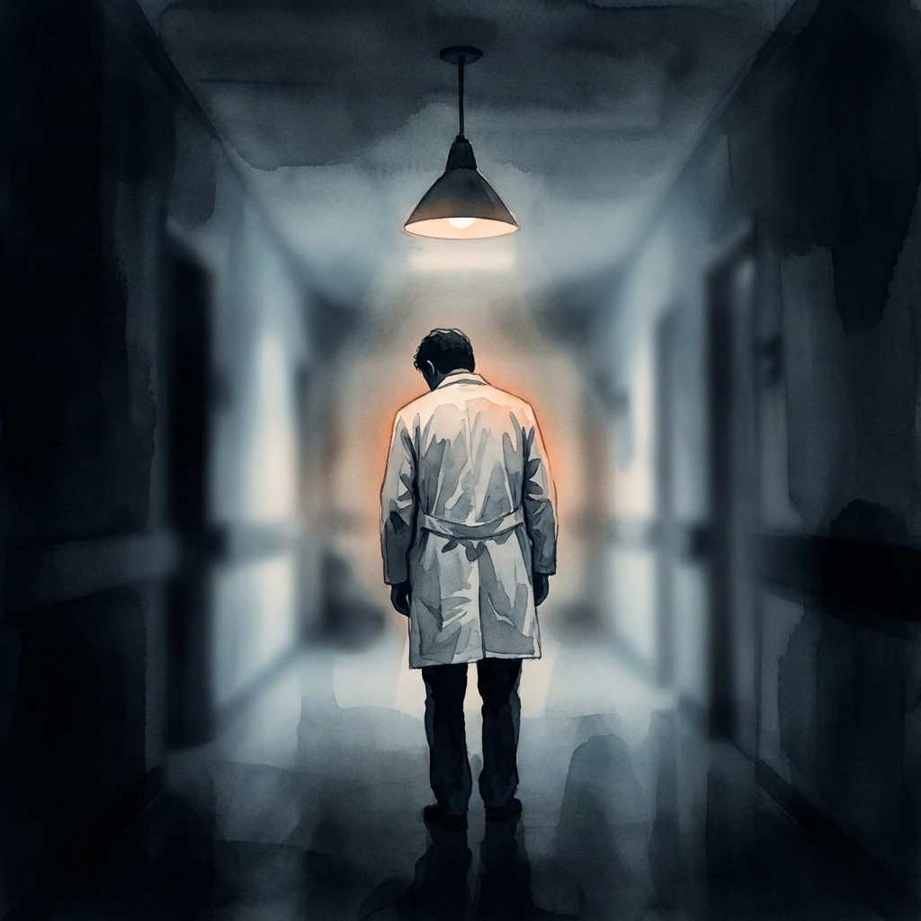 Lone doctor standing in a dim hospital corridor, conveying healthcare burnout and doctor mental health struggles.