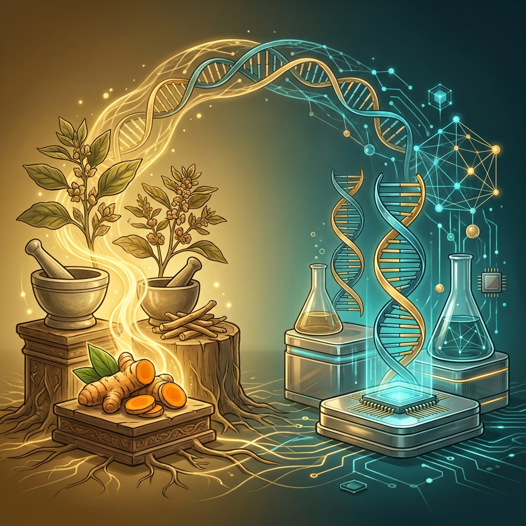Ayurvedic medicine modern health applications illustrated through botanicals merging with scientific data visuals