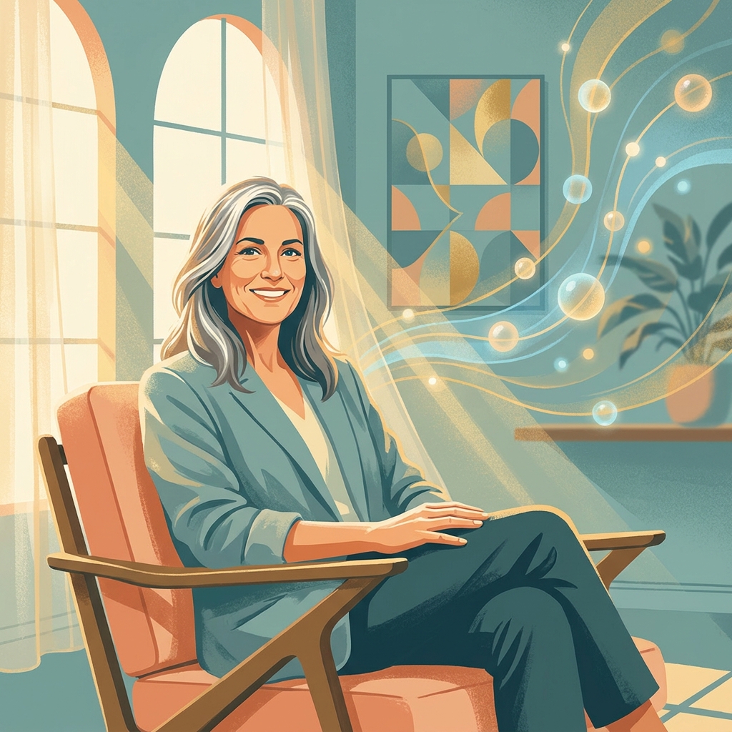 Empowered woman in a warm medical consultation room — women's hormonal health menopause doctor guide