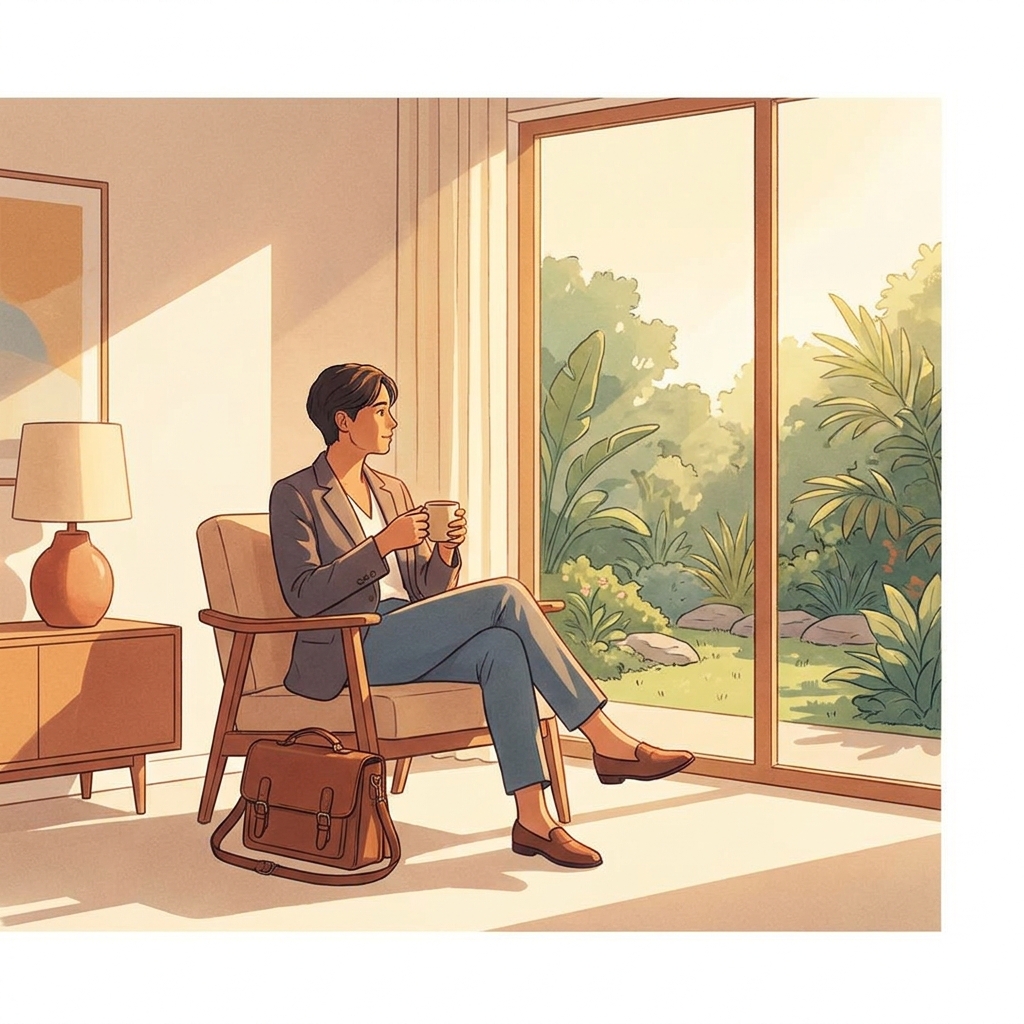 Physician relaxing at home in sunlight, illustrating doctor work-life balance strategies for 2026