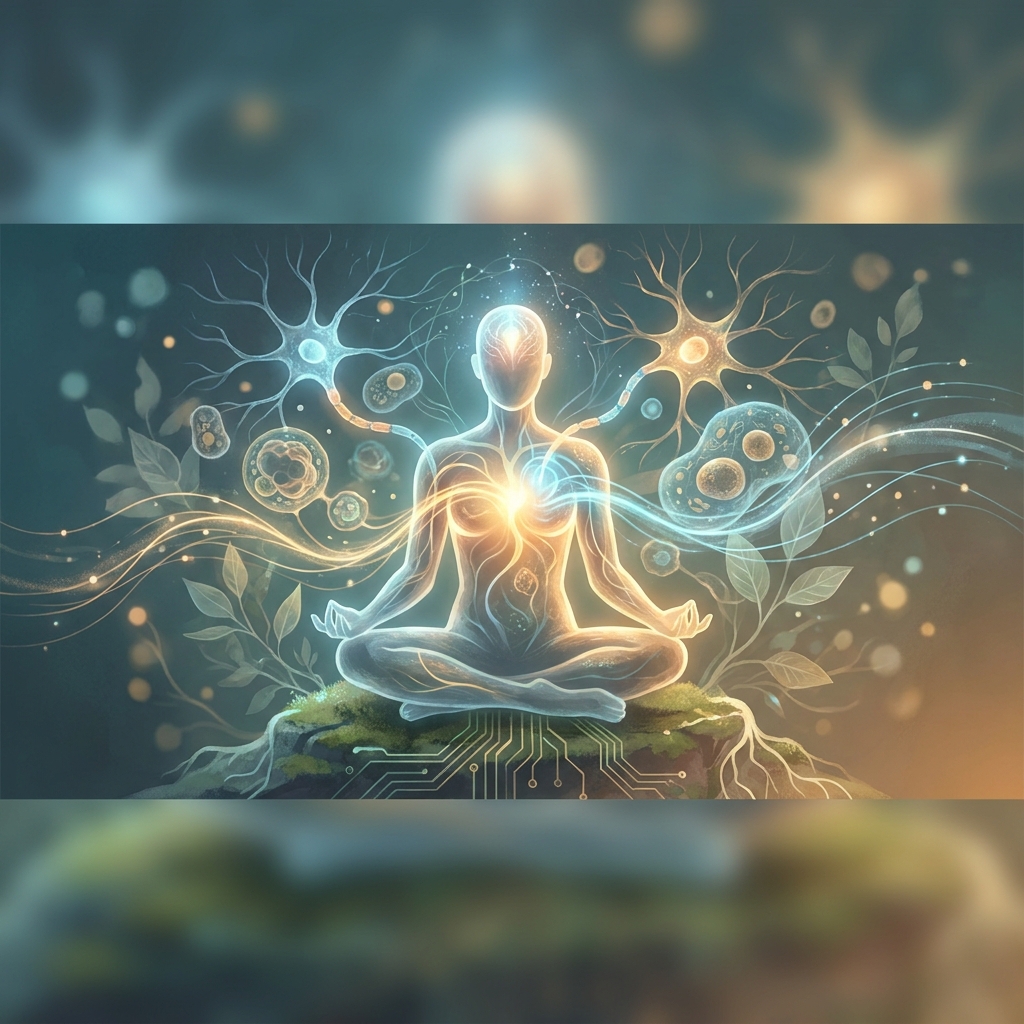 Glowing meditating figure surrounded by neural and cellular patterns representing mind body medicine health benefits
