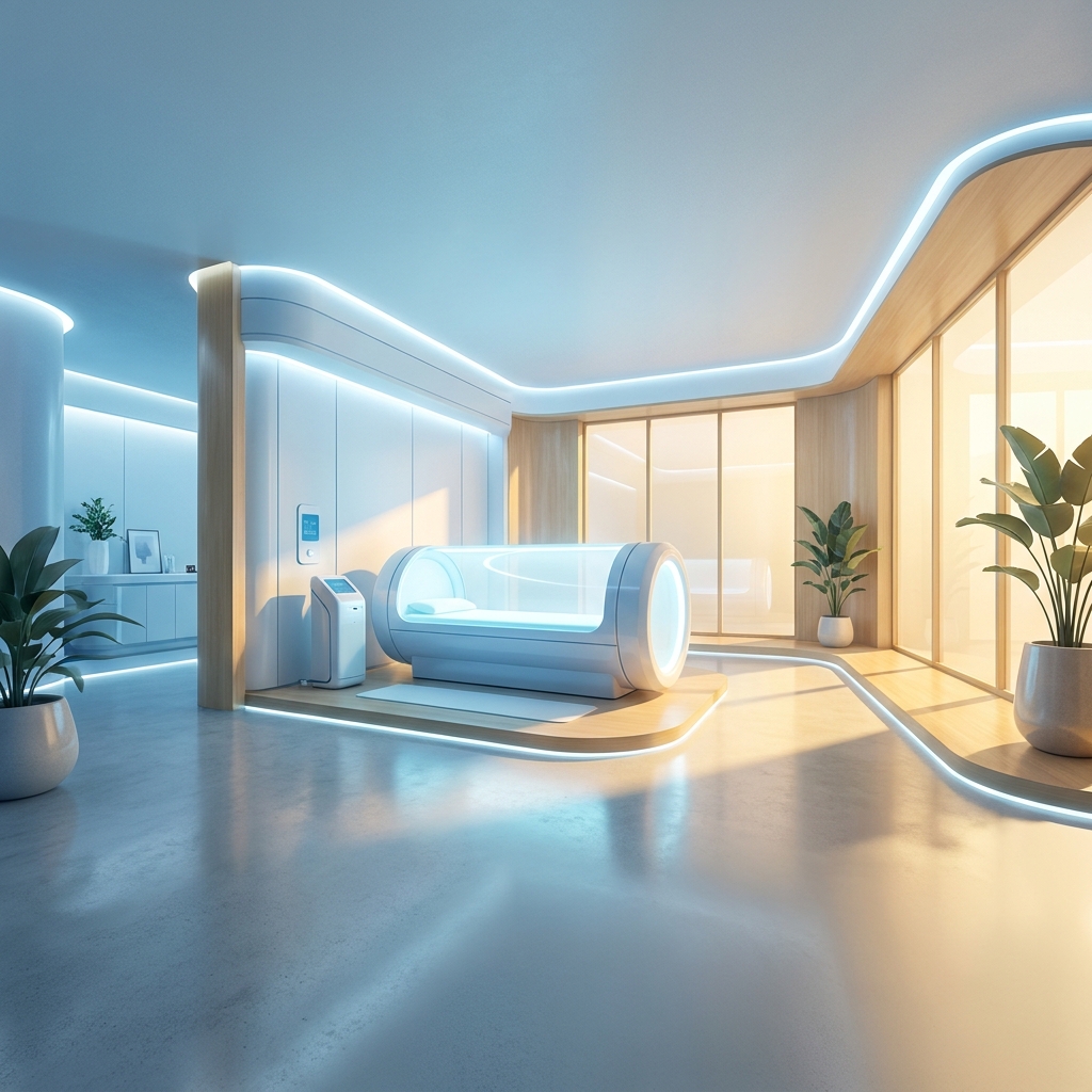 Glowing hyperbaric oxygen therapy chamber in a serene modern medical facility representing legitimate HBOT medical uses