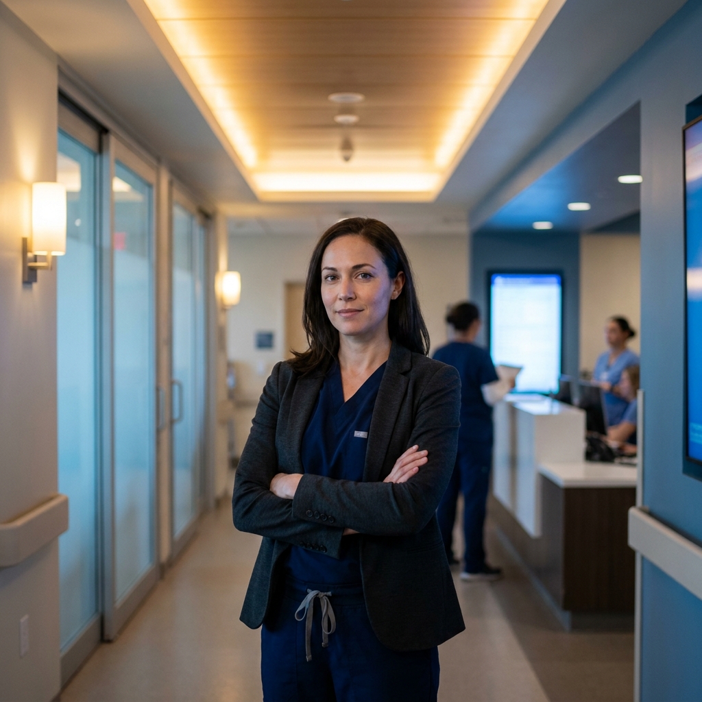 Confident ER physician standing in a modern hospital corridor — emergency medicine doctor career insights for 2026