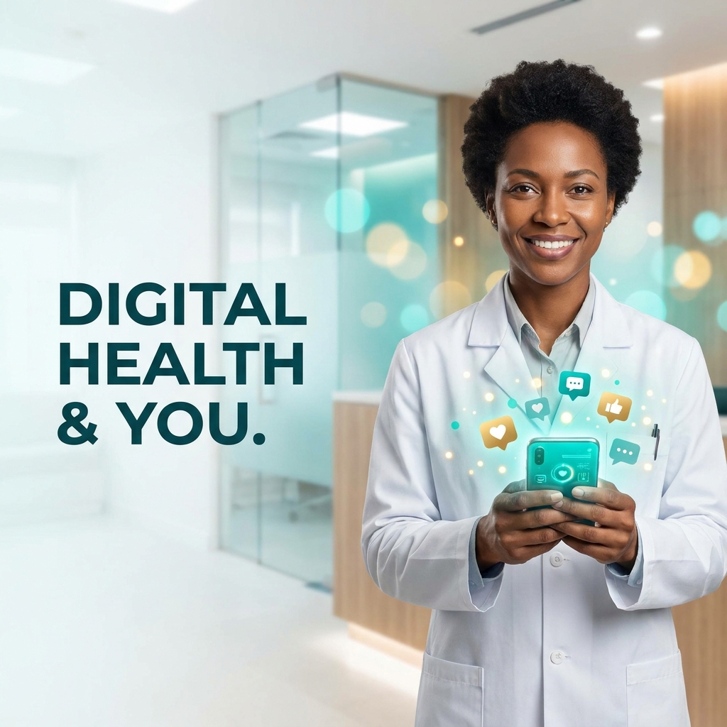 Health influencer doctor in white coat using smartphone, representing physician social media presence and medical trust online.