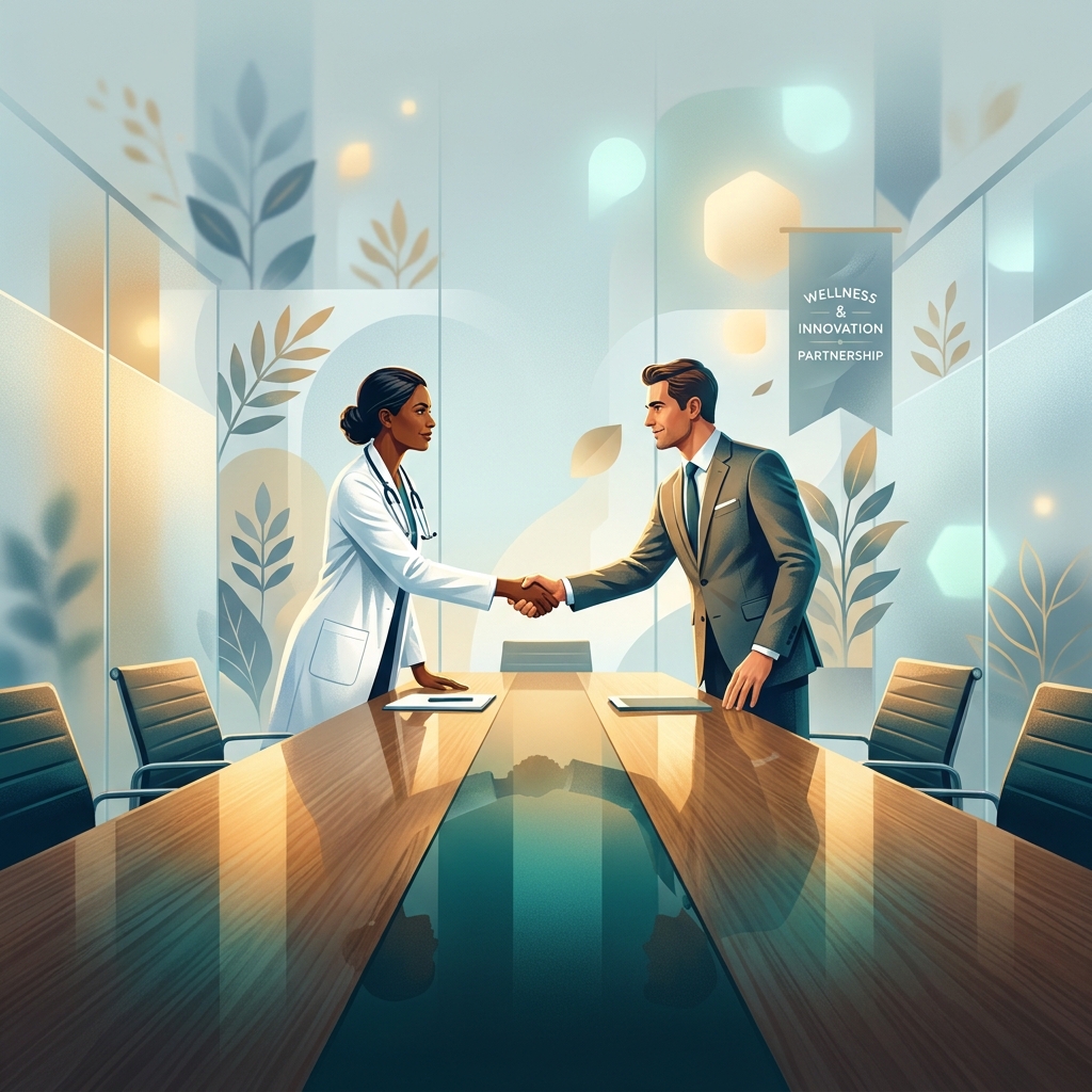Wellness brand collaboration with doctors illustrated by a physician and brand executive shaking hands in a modern professional setting
