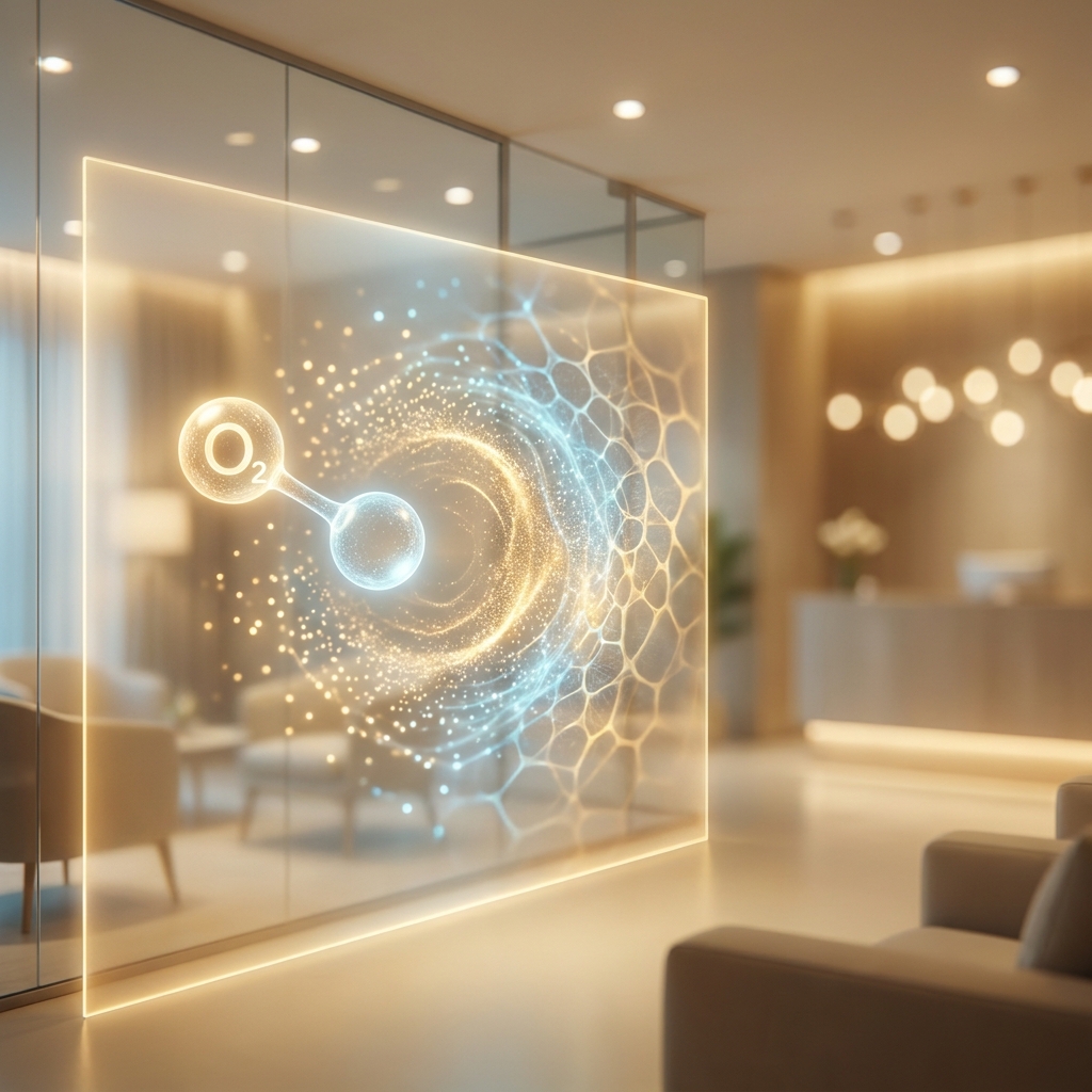 Glowing ozone molecule concept representing ozone therapy integrative medicine with warm healing energy tones