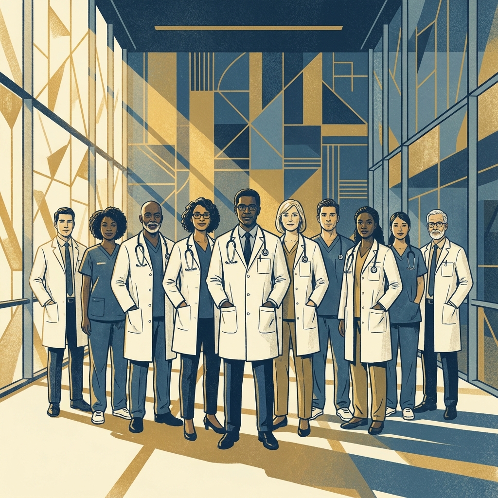 Diverse group of physicians united in a modern hospital, representing healthcare disparities equity from doctor perspectives.