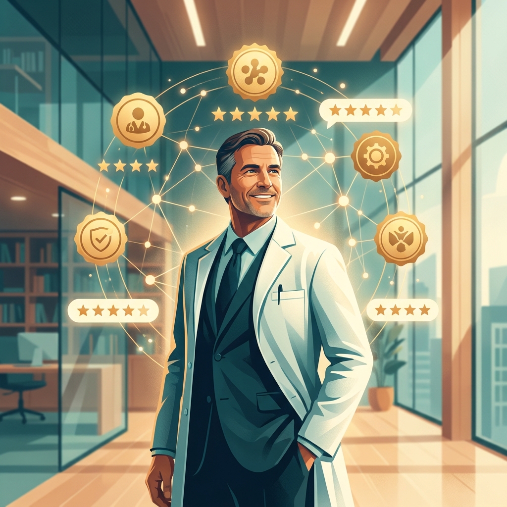 Illustration of an authoritative physician with credential recognition symbols representing healthcare content marketing for medical practices