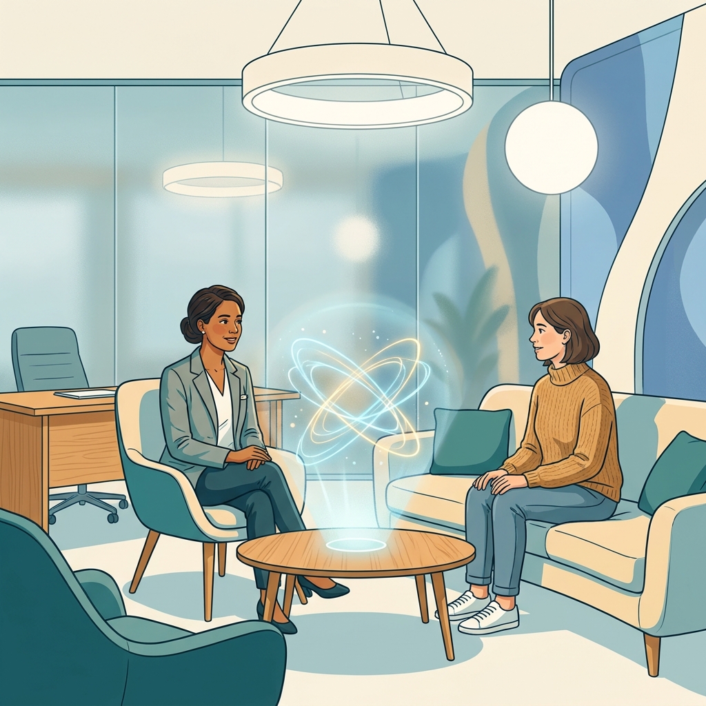 Doctor and patient in a modern consultation room with a soft AI interface element, illustrating AI in medicine doctor-patient implications