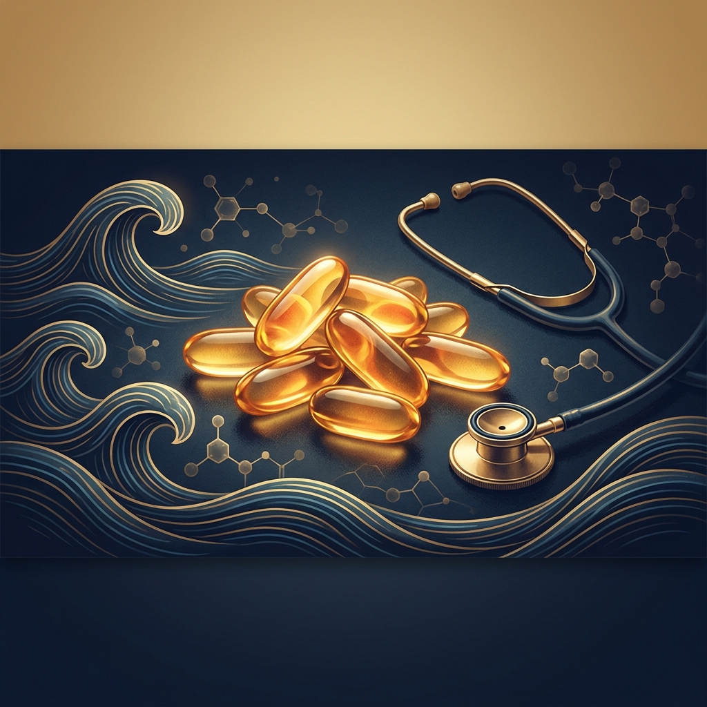 Omega-3 fish oil capsules with stethoscope symbolizing doctor advice on benefits and prescriptions