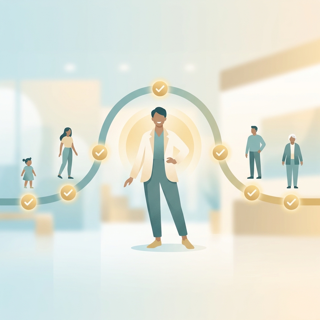 Preventive health screening schedule by age illustrated as a glowing life-stage timeline with wellness milestones
