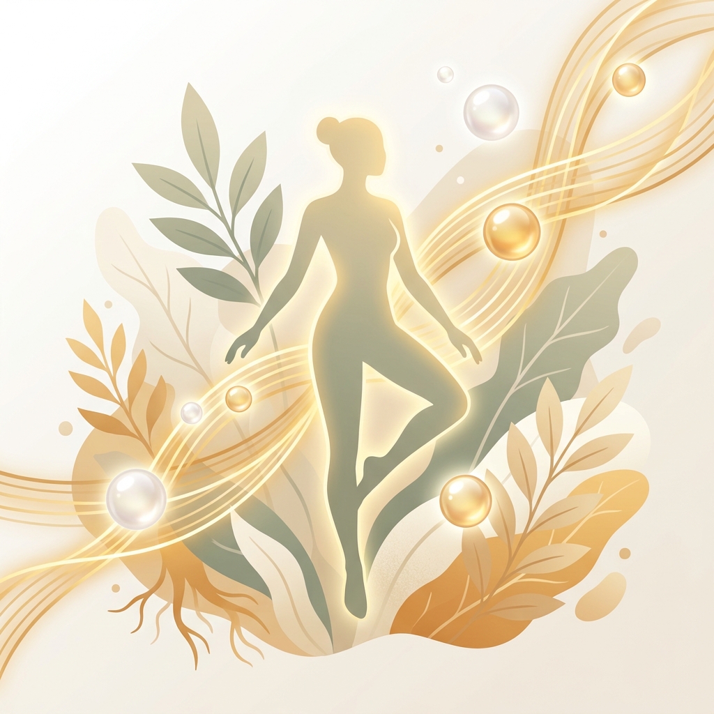 Conceptual illustration of collagen supplements supporting skin and joint health with glowing fiber strands