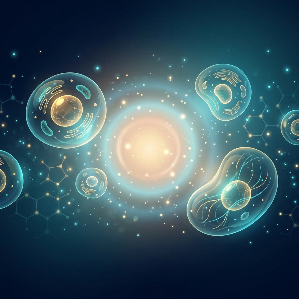 Glowing cellular structures representing cellular therapy advancements in regenerative medicine