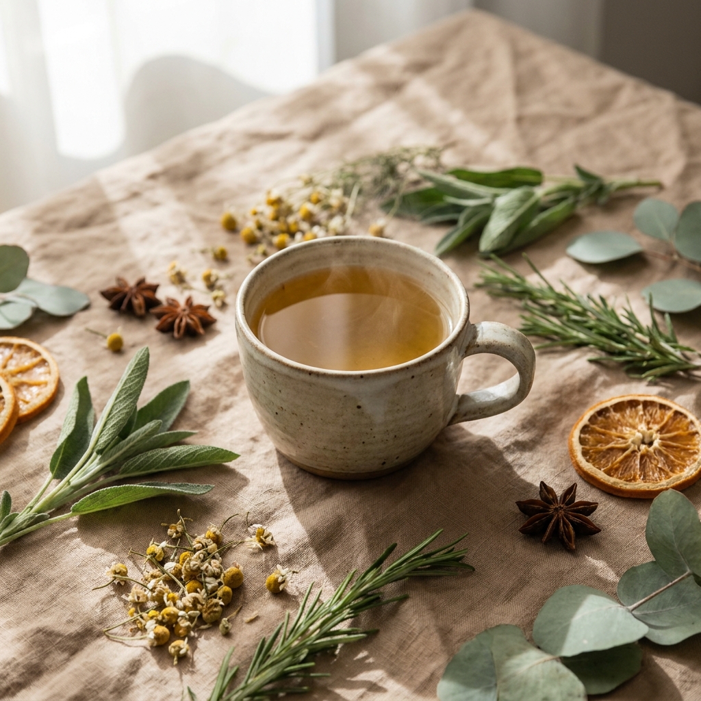 Steaming cup of liver detoxification tea surrounded by fresh herbs and botanicals on a linen surface
