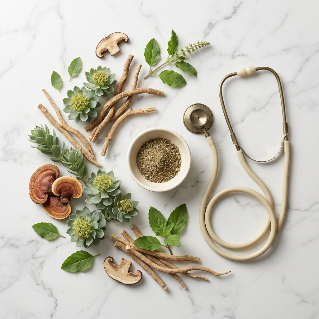 Adaptogen herbs for stress and health arranged with a stethoscope, representing a doctor's perspective on integrative medicine