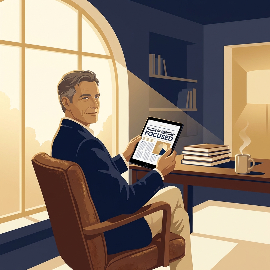 Physician calmly reviewing a curated health magazine for medical professionals reading list on a tablet in a modern office