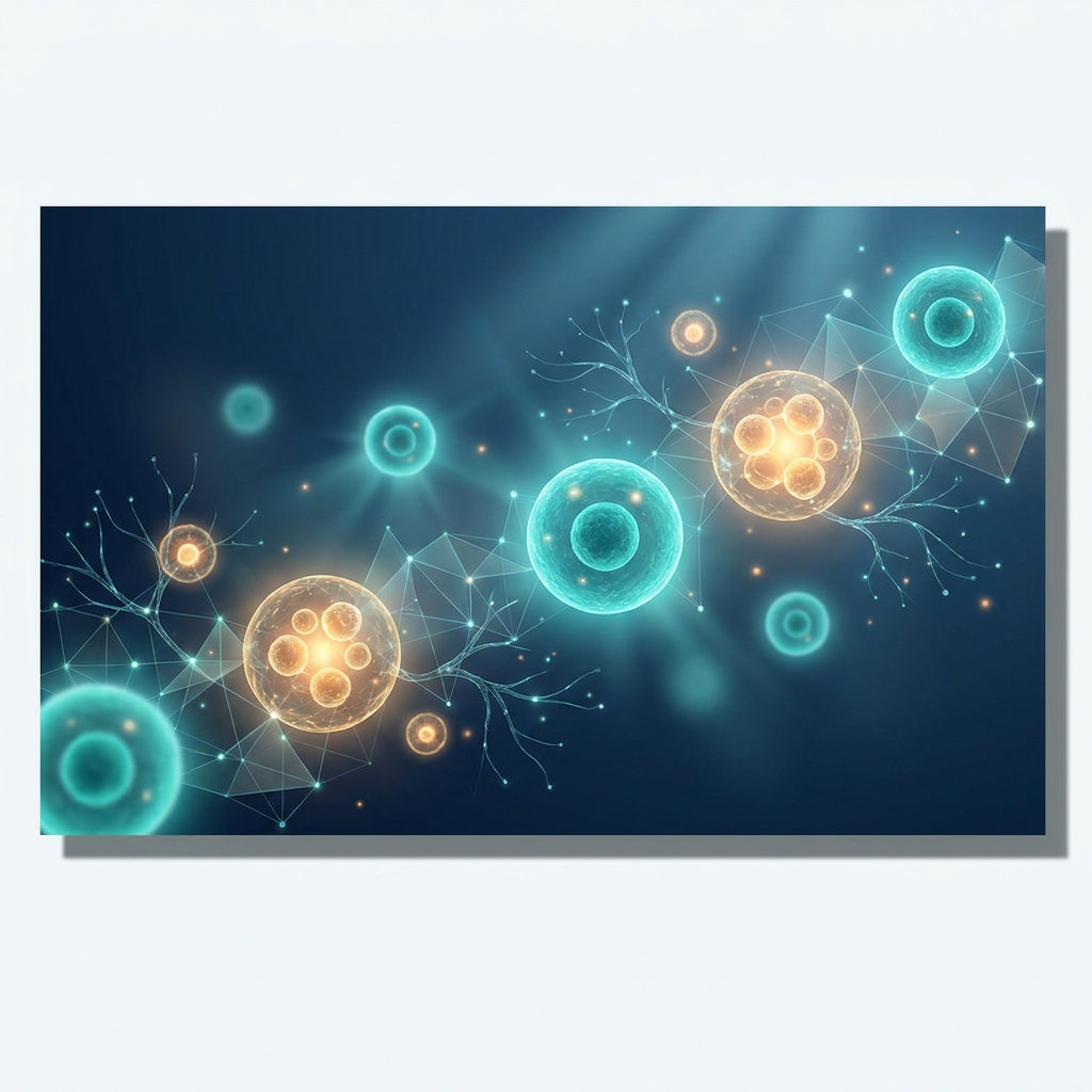 Glowing exosome-like spheres floating in abstract bioluminescent space, representing exosome therapy regenerative medicine explained