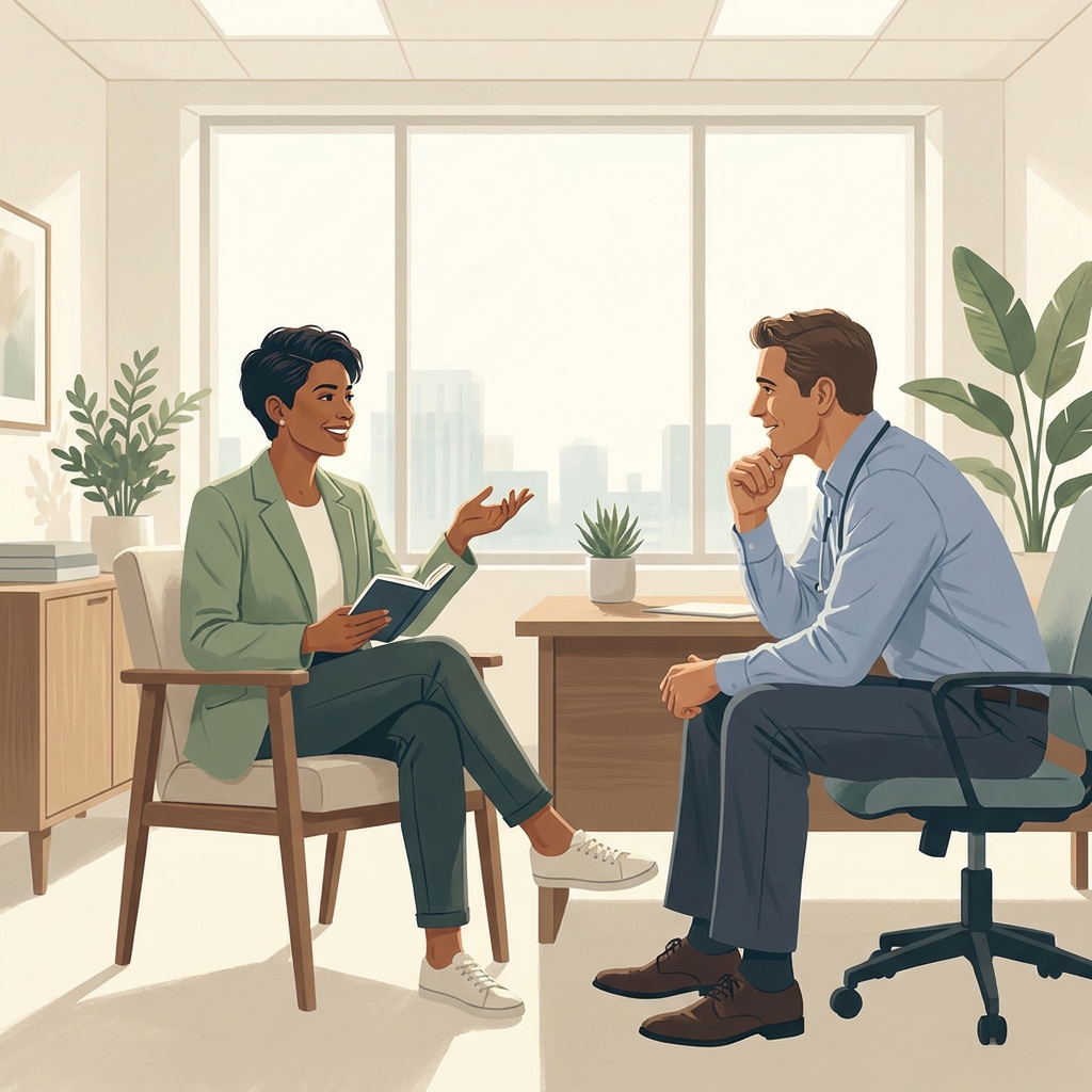 Confident patient talking to doctor about symptoms in a bright modern medical office, feeling prepared and heard.