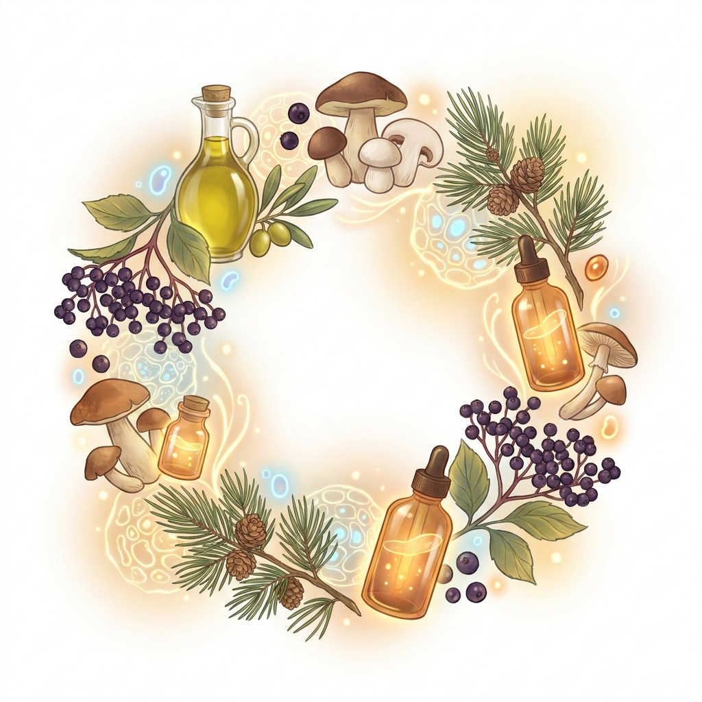 Assortment of natural flu alternative medicine remedies including botanicals, mushrooms, and herbal tinctures
