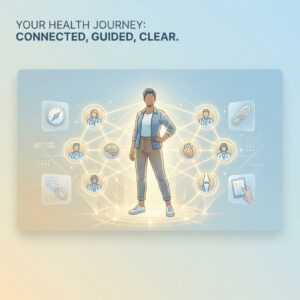 Empowered patient navigating a glowing specialist physician network — finding the right specialist for your condition