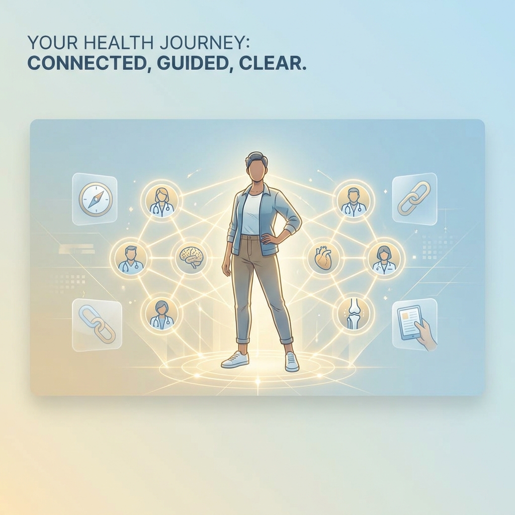 Empowered patient navigating a glowing specialist physician network — finding the right specialist for your condition