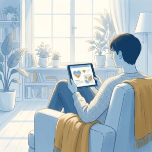 Person reading a free health newsletter sign up on a tablet in a bright, cozy home setting