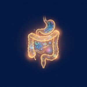 Stylized illustration of gut microbiome data visualization representing microbiome testing and personalized nutrition research