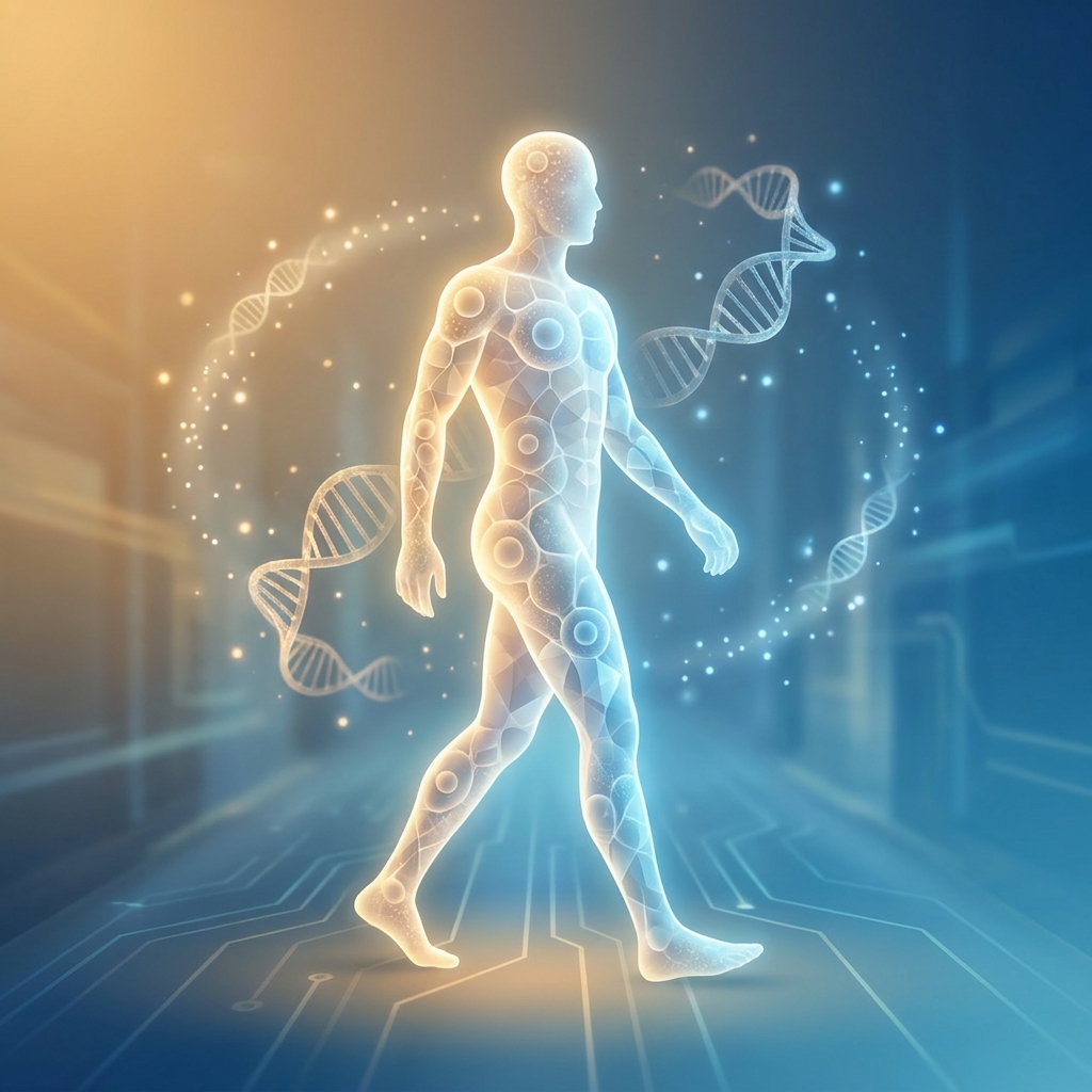 Glowing human silhouette made of cellular structures representing regenerative medicine examples and biological healing