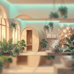 Serene home wellness space evoking a detoxification center with sauna, plants, and calming spa atmosphere