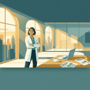 Healthcare innovation startup doctor standing confidently in modern workspace, blending medical and entrepreneurial worlds