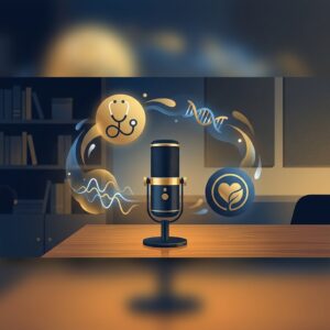 Stylized podcast studio with medical wellness icons representing Top Doctor Magazine podcast episodes guide