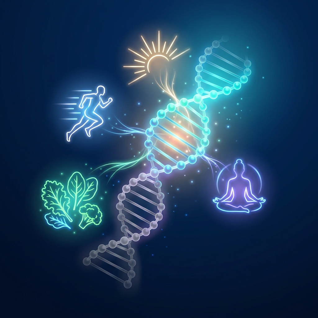 Glowing DNA helix transforming with lifestyle symbols illustrating epigenetics health lifestyle choices science