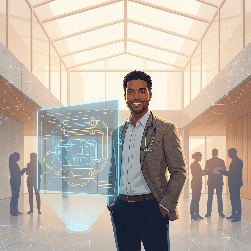 Physician reviewing a glowing medical device blueprint, representing medical device innovation doctor collaboration in 2026.