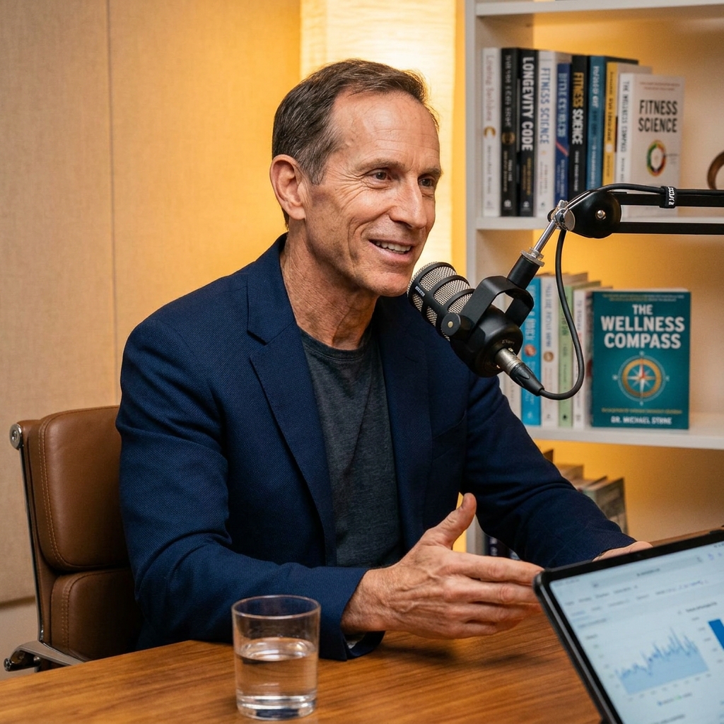 Rob Fletcher health podcast host in a modern studio setting, conveying expertise in fitness, anti-aging, and longevity.