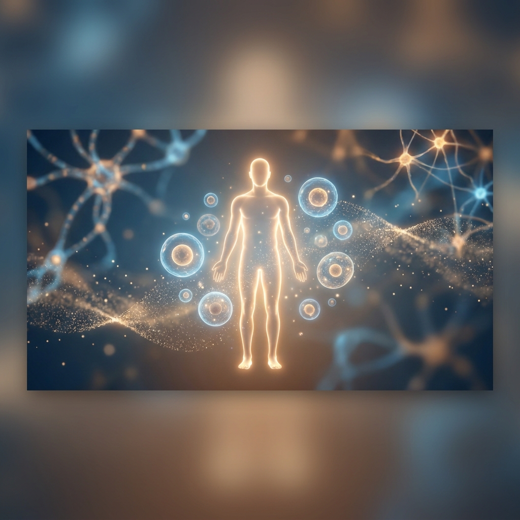 Glowing human silhouette surrounded by luminous cellular spheres representing cellular therapy for pain and regenerative healing.