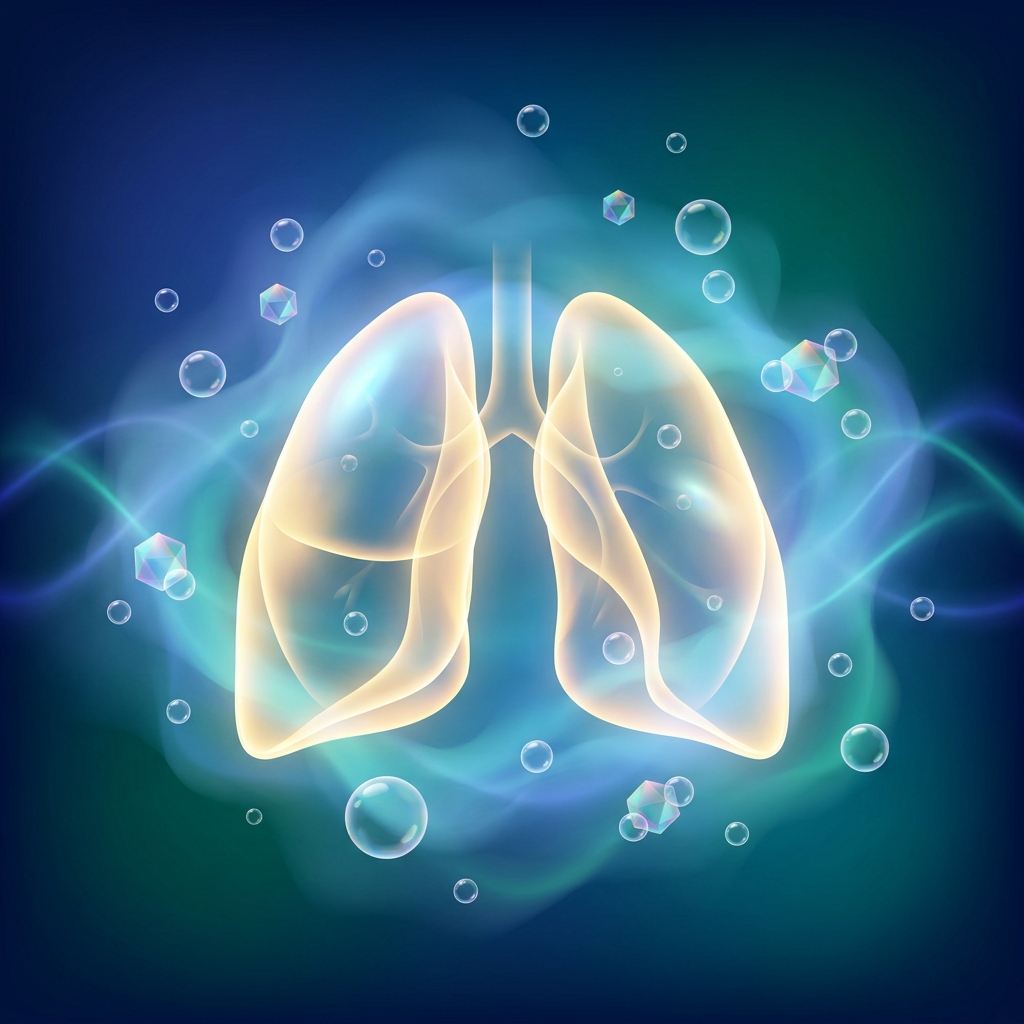 Glowing illustration of healthy lungs surrounded by ozone bubbles, symbolizing lungs detoxification and respiratory wellness.