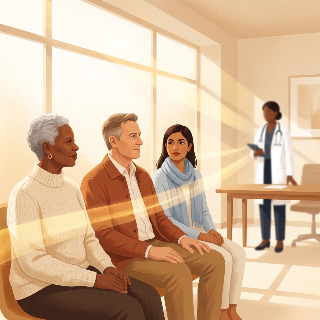 Diverse patients in a sunlit consultation room discussing vitamin D deficiency health impacts with their doctor