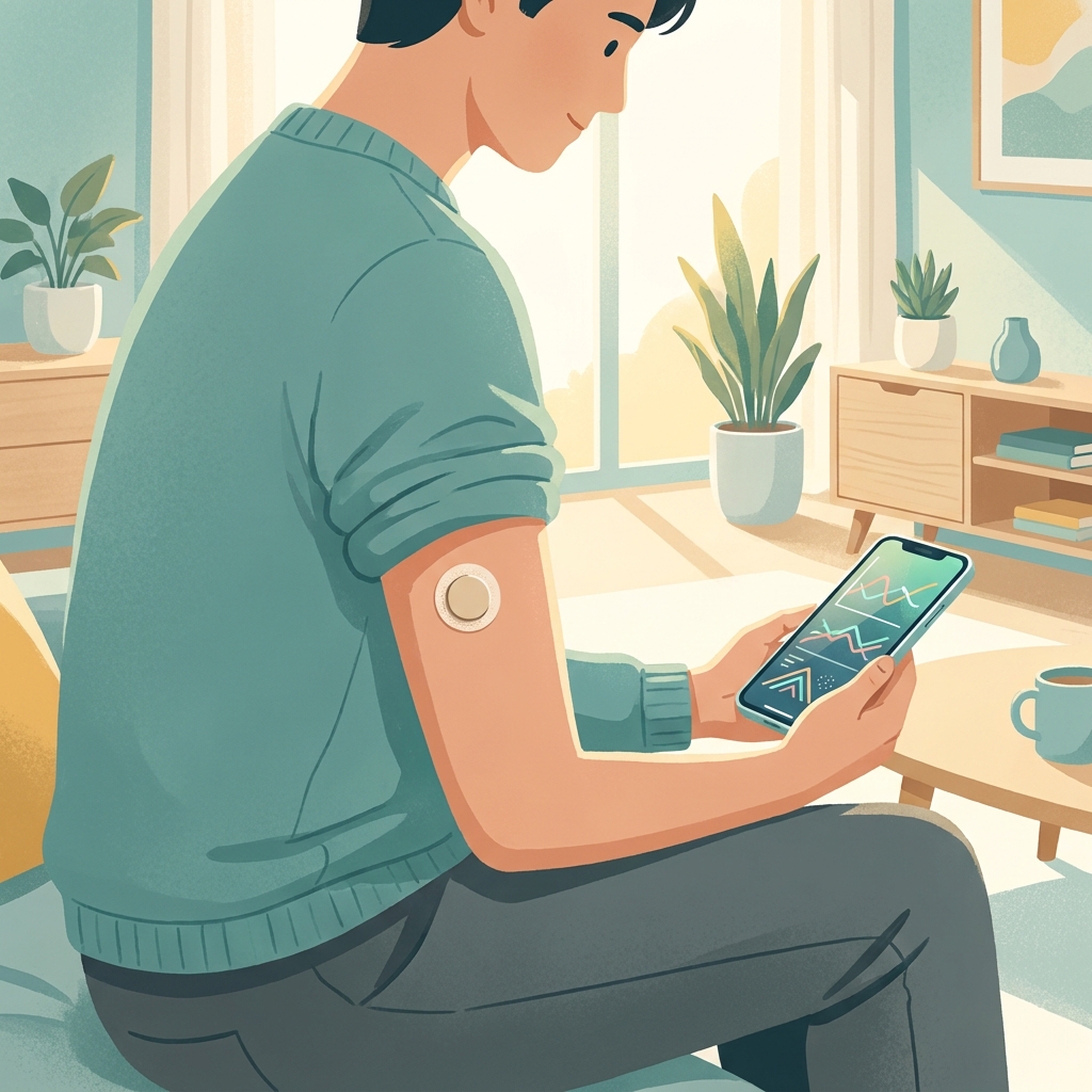 Person using continuous glucose monitoring as a non-diabetic, reviewing health data on a smartphone app.