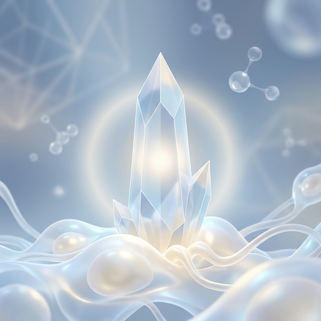 Glowing crystalline structure symbolizing purity standards in pure regenerative medicine, blue and white tones