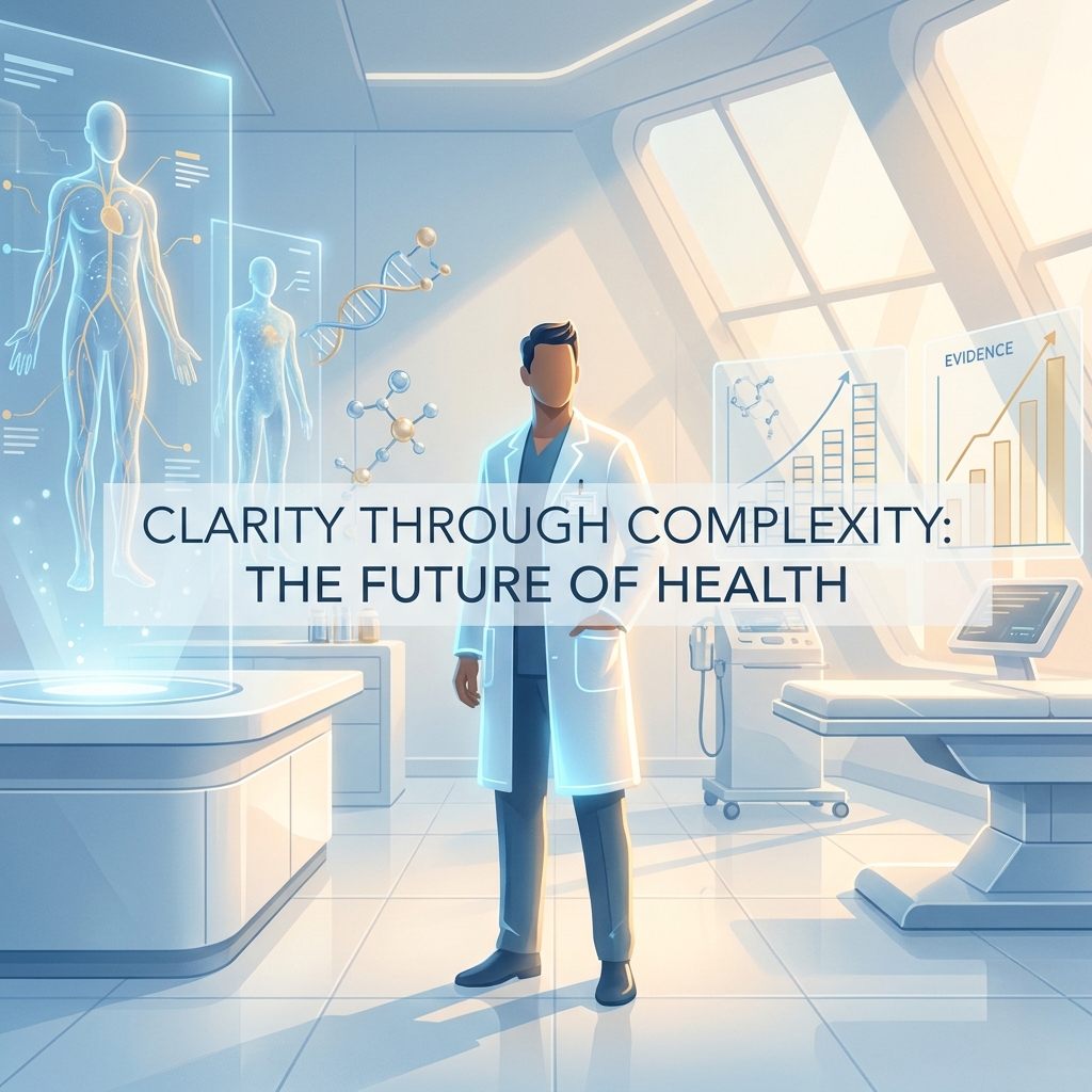 Physician reviewing health optimization biohacking data visualizations from a doctor's perspective in a modern clinical setting