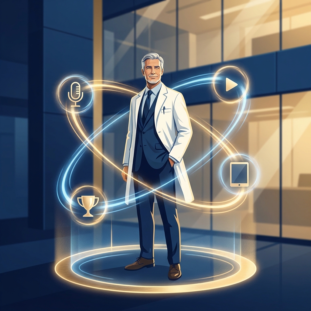 Physician at the center of a glowing authority flywheel representing a thought leadership content strategy