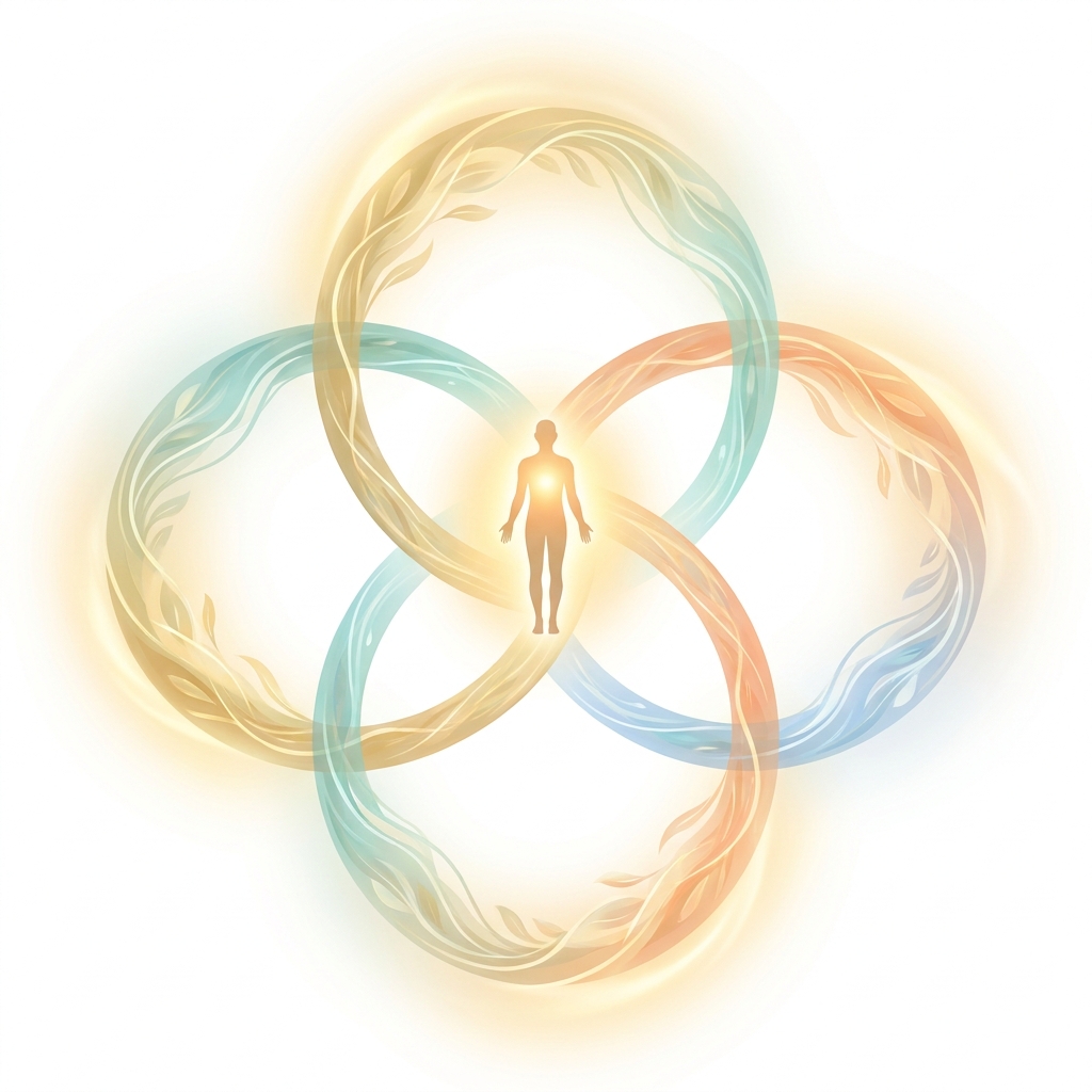 Glowing human silhouette surrounded by four pathways representing holistic wellness programs for whole-person health.